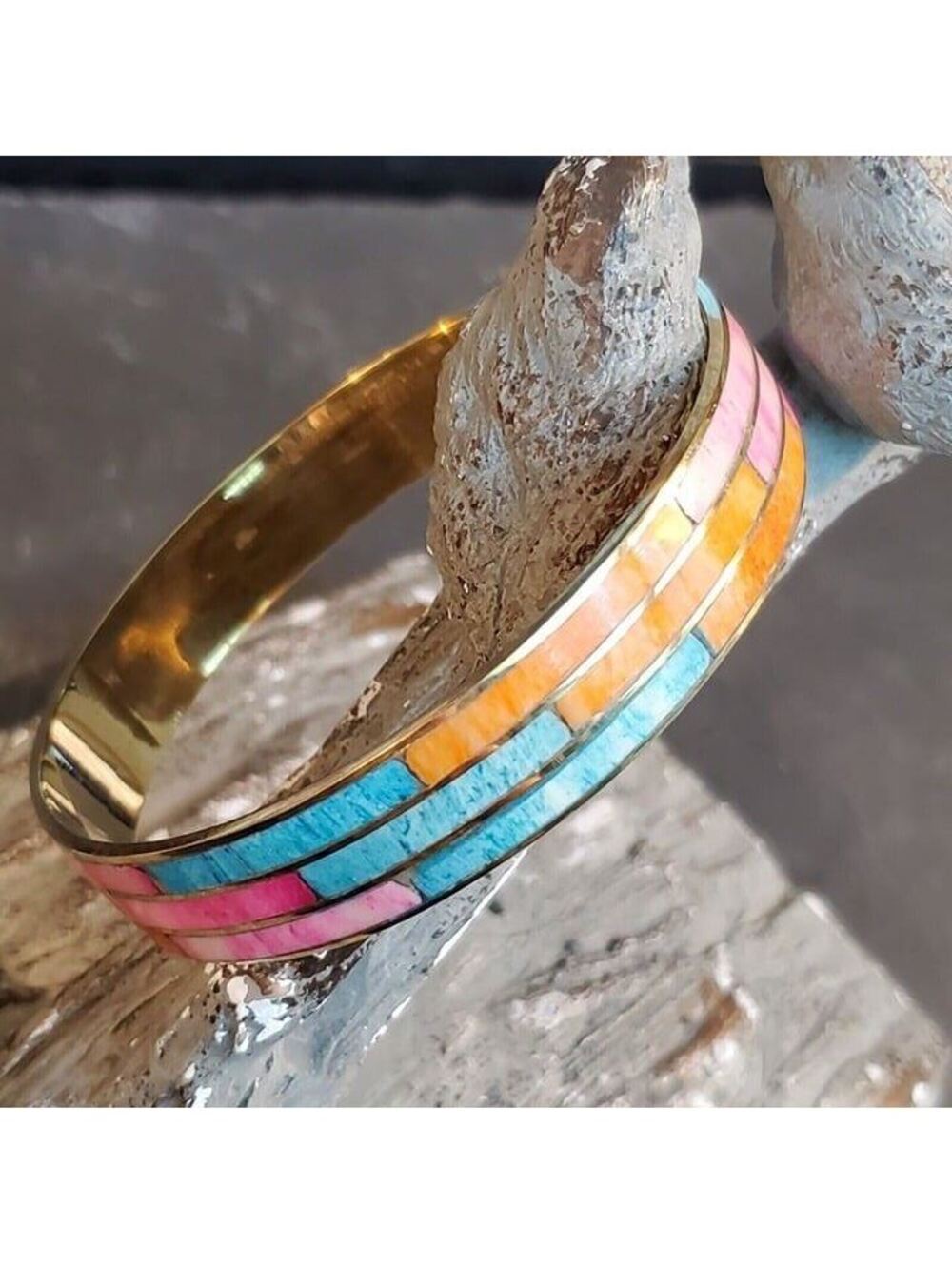 Geometric Orange Pink Blue Mother of Pearl Shell India Brass Bangle Bracelet